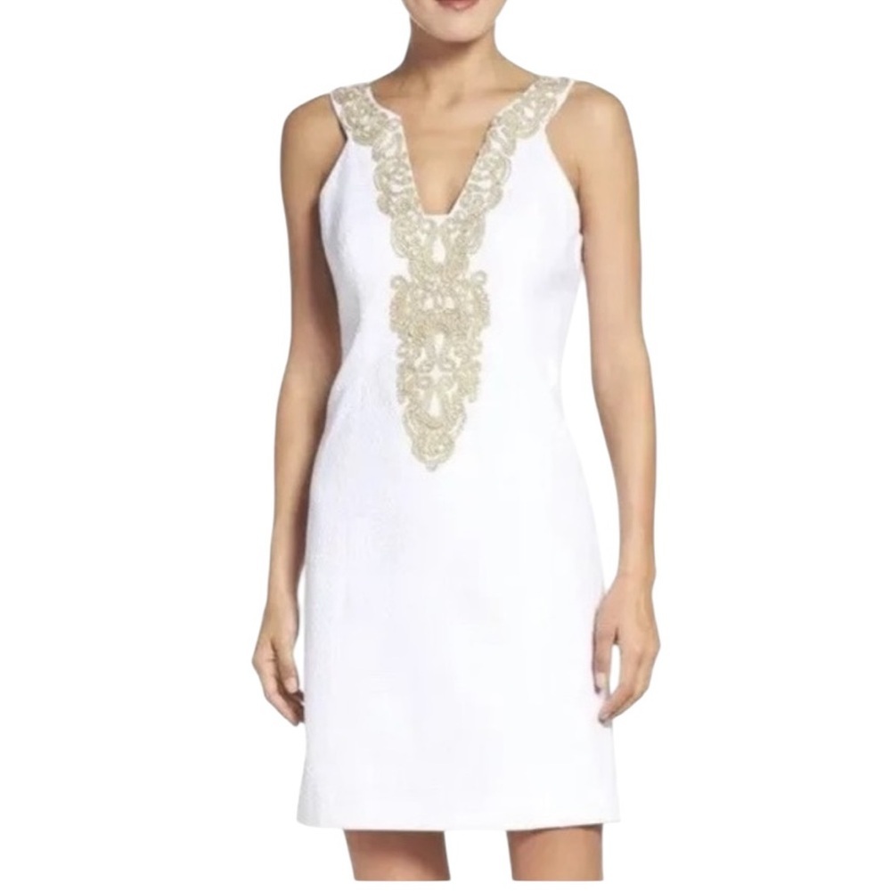 Lilly Pulitzer Suzette Shift Resort White with gold edging.